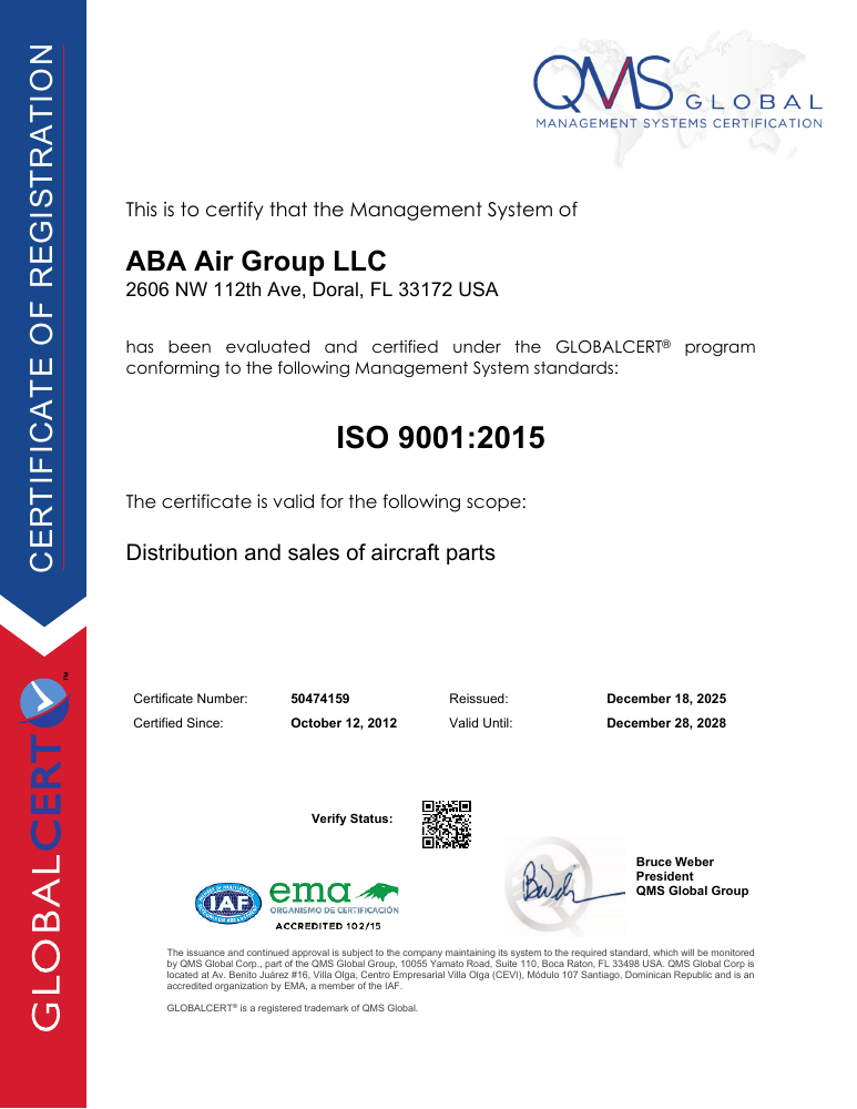 ABA Air Group ISO 9001:2015 certificate issued by QMS Global